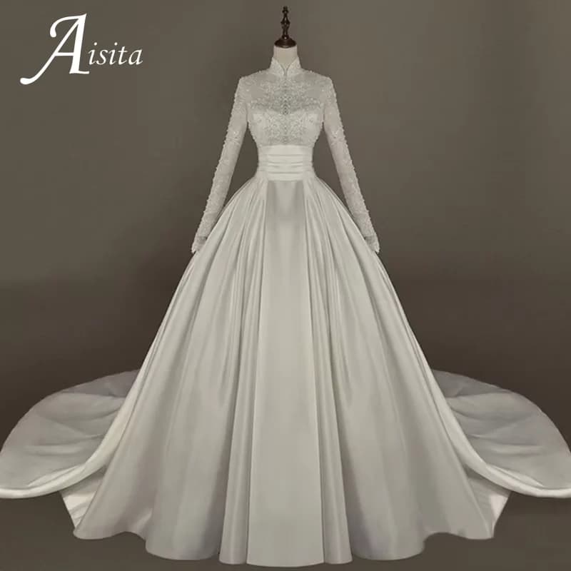 A-Line Satin High Neck Long Sleeves 2025 A Line Bridal Gown Appliques Bride Dress Vintage Princess Bridal Gown Customized