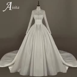 A-Line Satin High Neck Long Sleeves 2025 A Line Bridal Gown Appliques Bride Dress Vintage Princess Bridal Gown Customized