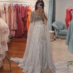 MisShow Customized Silver Gray Wedding Dress - Square Neckline with Crystal Beading, Sheer Cape Sleeves & Sparkling A Line Skirt