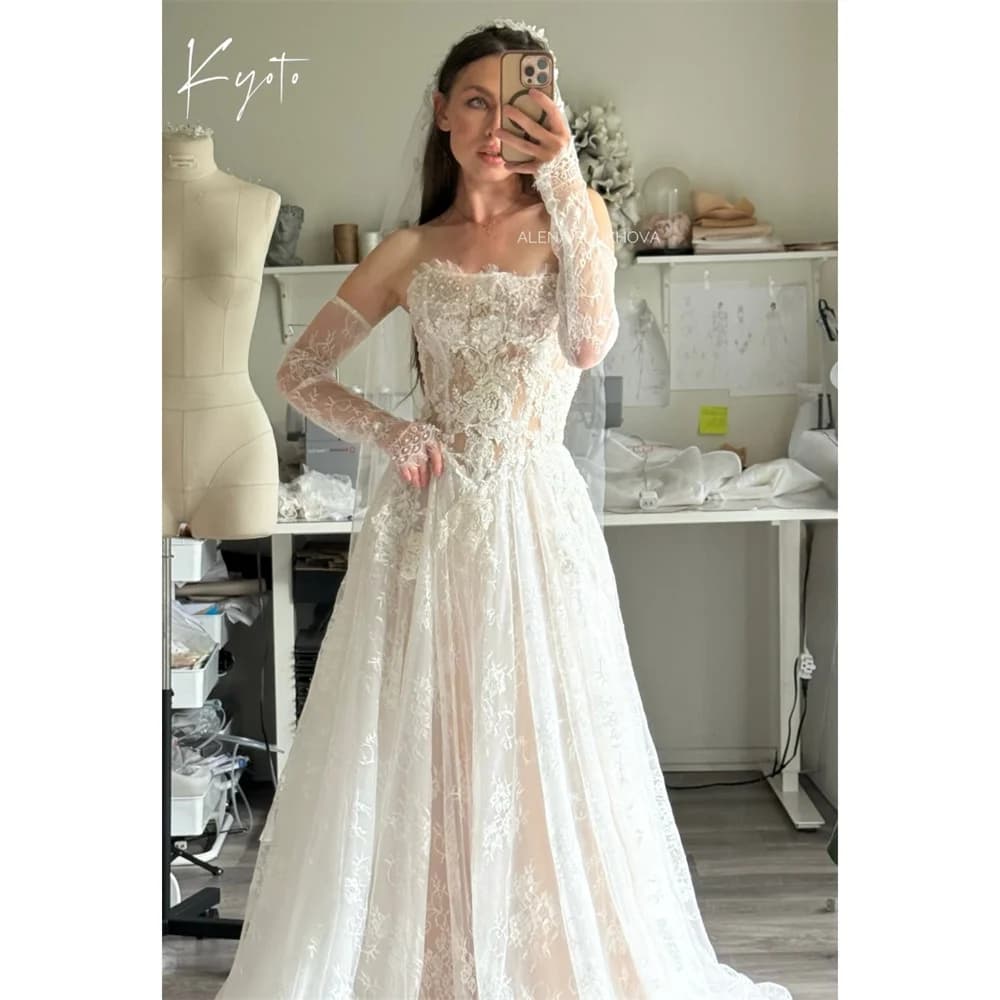Kyoto Customized Off-White Lace Appliques Strapless Wedding Dress Detachable Sleeves vestidos de noiva A-Line Evening Dress 2026
