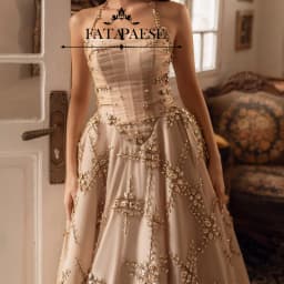 FATAPAESE Customzied Wedding Gown Features a Voluminous Champagne-hued Skirt Lavishly Adorned with Scattered Crystal Sparking
