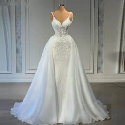 Flavinke Customized V Neck Mermaid Lace Wedding Dresses Sleeveless Illusion Beaded Satin Bridal Gowns With Detachable Train