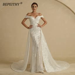 BEPEITHY Customized Sequins Mermaid Wedding Dresses 2022 For Women 2 In 1 Detachable Train Lace Bridal Gown Beach Vestido Novia