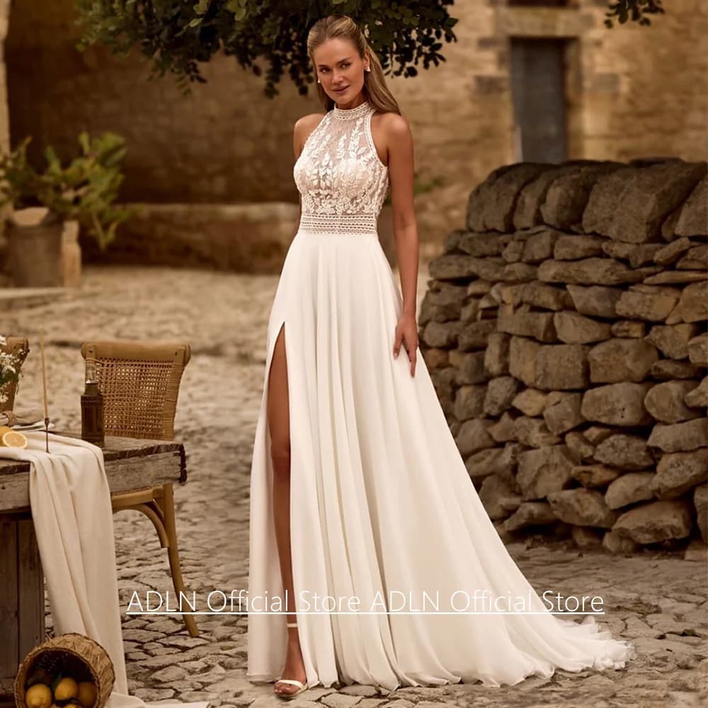Ivory Wedding Dress Boho Bridal Gown Customized Halter Sleeveless Backless Lace Applique Split Chiffon Bride Dresses