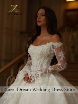 Customzied Luxury Off Shoulder Wedding Dress Long Sleeves Ball Gown Princess Bridal Gown with Cathedral Train Vestido De Novia
