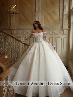 Customzied Luxury Off Shoulder Wedding Dress Long Sleeves Ball Gown Princess Bridal Gown with Cathedral Train Vestido De Novia