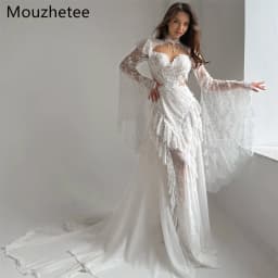 Mouzhetee A-Line Elegant Backless Lace Appliques Wedding Dresses Long Sleeve Brides Gown Custom Made 2026