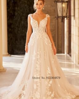 Lace Applique V-neck A-Line Wedding Dress with Cap Sleeves Custom Made Brial Gown 2026 Popular Grown Design