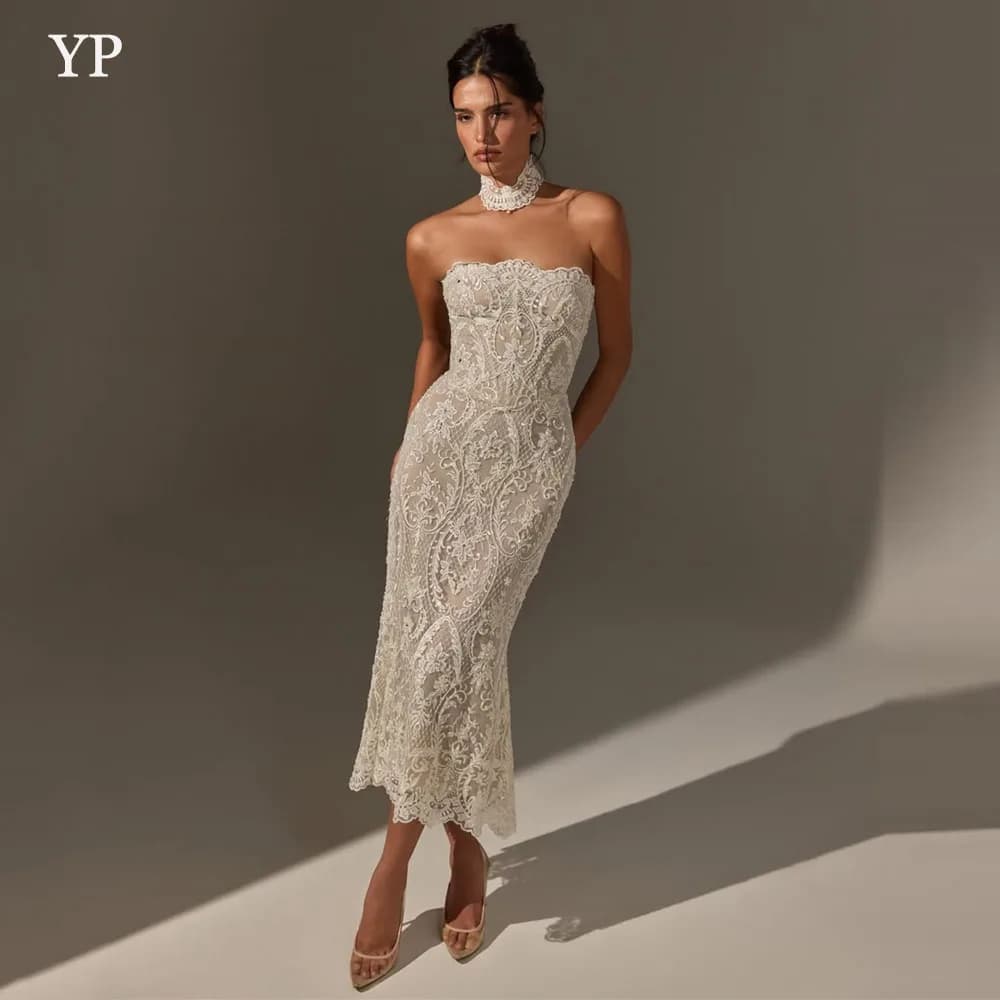 YP Luxury Ivory Lace Mermaid Wedding Dresses Sexy Strapless Sleeveless Tea-Length Bridal Gowns Vestidos De Novia Customized 2026
