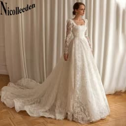 Nicolle Romantic Fancy Wedding Dresses Square Collars Long Sleeves Floral Print Lace up Corset Robe de Mariée Drop Shipping
