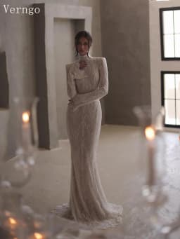 Verngo lvory Lace Wedding Dresses High Neck Full Sleeves Bridal Gowns Women Sweep Train Bride Dresses Customized