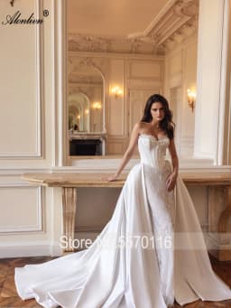 Alonlivn Custom Made Vintage 2 In 1 Mermaid Wedding Gowns Beauty Beaded Pearls Appliques Lace Sweetheart Trumpet Bridal Dresses