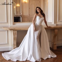Alonlivn Custom Made Vintage 2 In 1 Mermaid Wedding Gowns Beauty Beaded Pearls Appliques Lace Sweetheart Trumpet Bridal Dresses