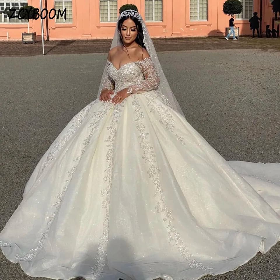 Customized V-Neck Off The Shoulder Sequin Appliques White Wedding Dress 2026 Ball Gown Floor Length Long Sleeves Bridal Gown