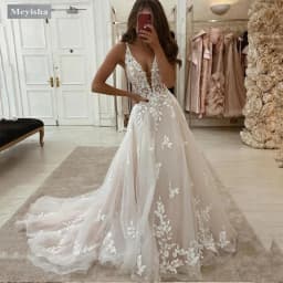 ZJ6040 Customized Exquisite Sleeveless Wedding Dress Plus Size V-Neck Tulle A-Line Bride Gowns Light Champagne Applique