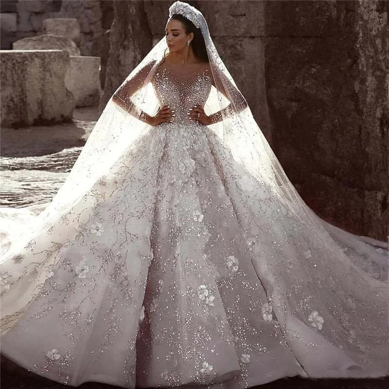 2025 Luxury Dubai Arabic Beading Princess Wedding Dress Lace Floral Ball Gowns Long Sleeves Bridal Gowns Sweep Train Customised