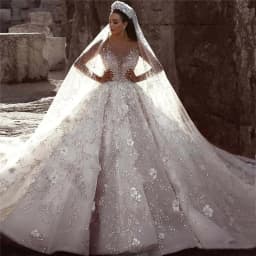 2025 Luxury Dubai Arabic Beading Princess Wedding Dress Lace Floral Ball Gowns Long Sleeves Bridal Gowns Sweep Train Customised