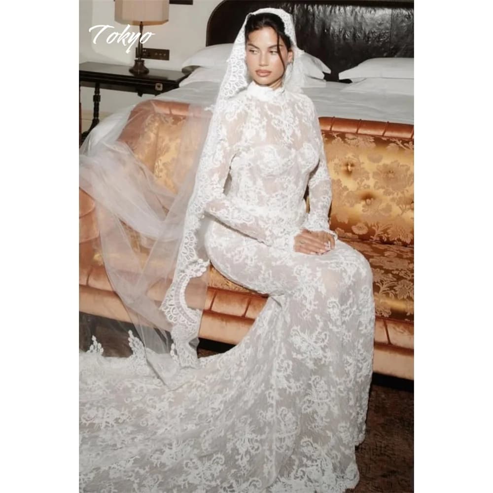 Tokyo Customized White High Necklink Wedding Dresses Long Sleeves Backless Bridal Gowns Elegant Court Train Lace Wedding Gowns