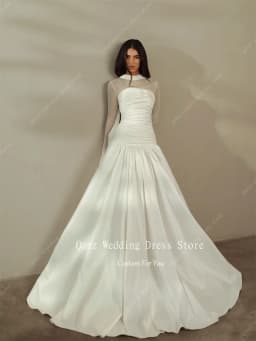 Qanz Classic Women Wedding Ivory Long Robes De Soirée 2 Pieces Strapless Sheer Long Sleeves Pleat Bridal Gowns Customized