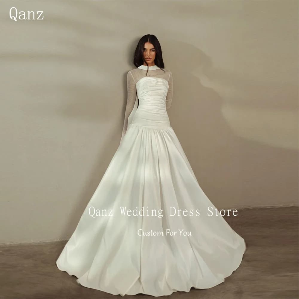 Qanz Classic Women Wedding Ivory Long Robes De Soirée 2 Pieces Strapless Sheer Long Sleeves Pleat Bridal Gowns Customized