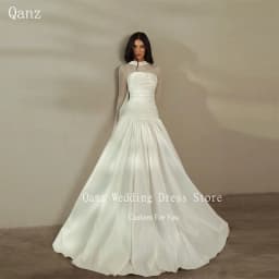 Qanz Classic Women Wedding Ivory Long Robes De Soirée 2 Pieces Strapless Sheer Long Sleeves Pleat Bridal Gowns Customized