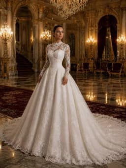 Luxury High Neck Lace Wedding Dress for Bride - Long Sleeve Ball Gown with Cathedral Train Amanda Novias Official Customized