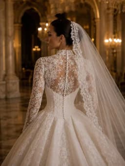 Luxury High Neck Lace Wedding Dress for Bride - Long Sleeve Ball Gown with Cathedral Train Amanda Novias Official Customized