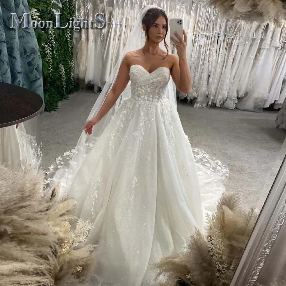 Moonlight Charming Wedding Gowns Appliques Sleeveless Zipper A-line Sequined Sweetheart Robe De Soiree De Mariage Customized