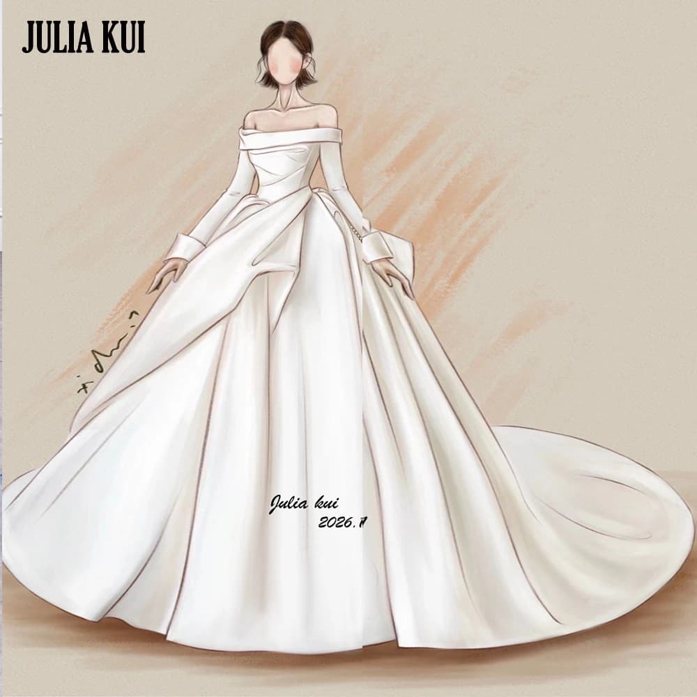 Julia Kui Off The Shoulder Full Sleeve Delicate Lace Of A-Line Wedding Dress Customize Made