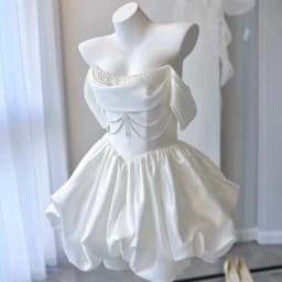 Satin Off Shoulder Light Wedding Dress French Short Style Certified Engagement Dress Birthday Party Banquet Dress Customized