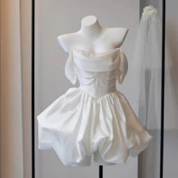 Satin Off Shoulder Light Wedding Dress French Short Style Certified Engagement Dress Birthday Party Banquet Dress Customized