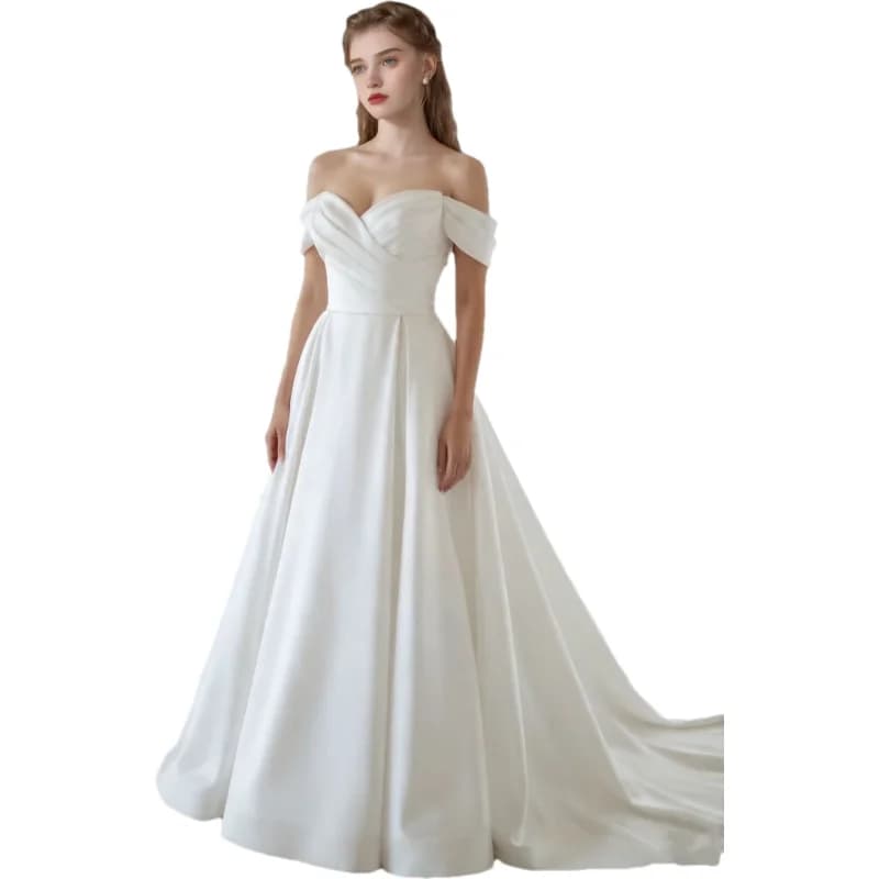 Customized Elegant Simple Satin Off The Shoulder Modern Wedding Dresses For Bride Pleats A-Line Sweep Train Long Bridal Gowns