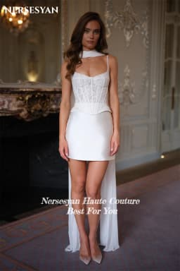 Nersesyan Luxury Lace Wedding Dresses Appliques V Neck Spaghetti Straps Mini Bride Dress Guest Party Bridal Gowns Customized