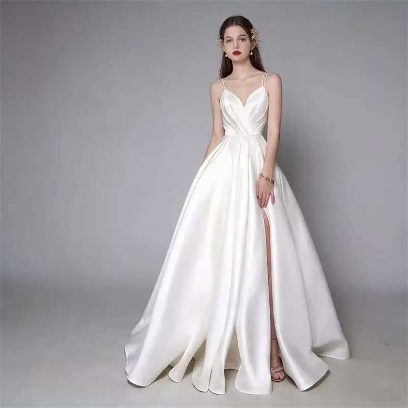 Customized Simple Satin Slit Solid Wedding Dresses Sexy Spaghetti Straps Pleats A Line Bridal Gown Vestido De Noiva with Pockets