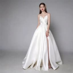 Customized Simple Satin Slit Solid Wedding Dresses Sexy Spaghetti Straps Pleats A Line Bridal Gown Vestido De Noiva with Pockets