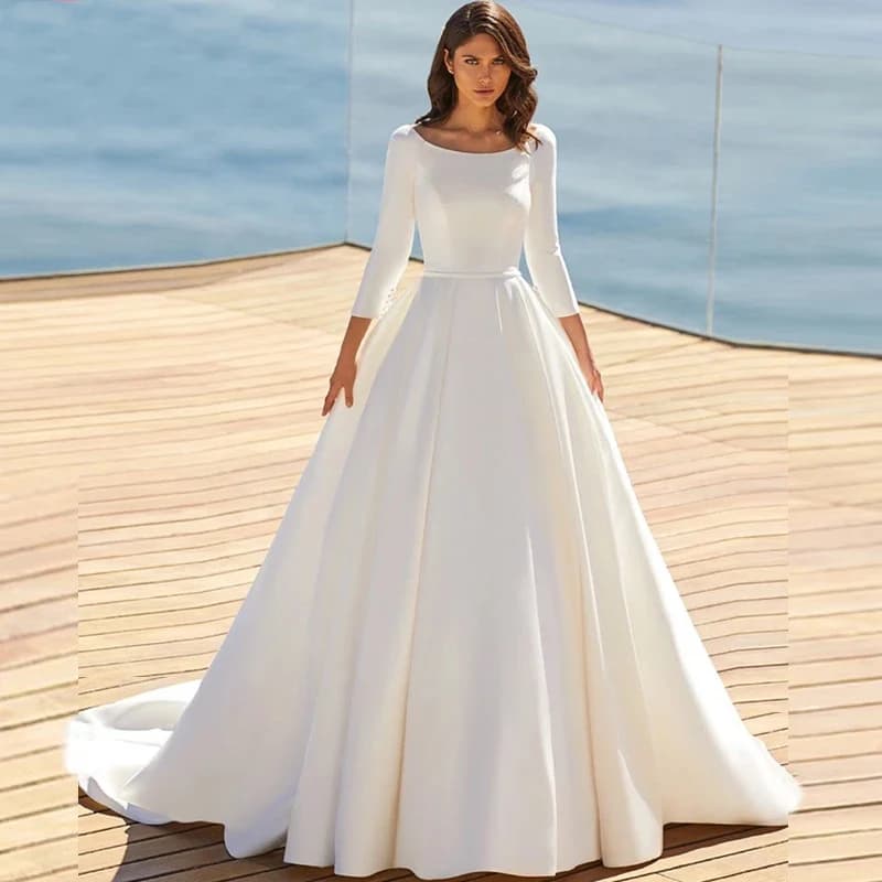Soft Satin Wedding Dresses For Women Bride Gown 3/4 Sleeves Vestidos De Novia Simple Boda Suknia Ślubna Robe Mariage Customized