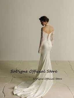  SoDigne Mermaid Satin Wedding Dresses Off Shoulder Lace Sleeves Bridal Dress Long Bride Gown Vestidos De Novia Customized