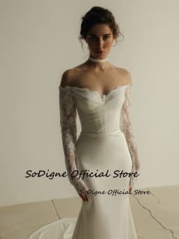  SoDigne Mermaid Satin Wedding Dresses Off Shoulder Lace Sleeves Bridal Dress Long Bride Gown Vestidos De Novia Customized