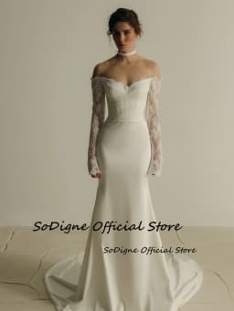  SoDigne Mermaid Satin Wedding Dresses Off Shoulder Lace Sleeves Bridal Dress Long Bride Gown Vestidos De Novia Customized