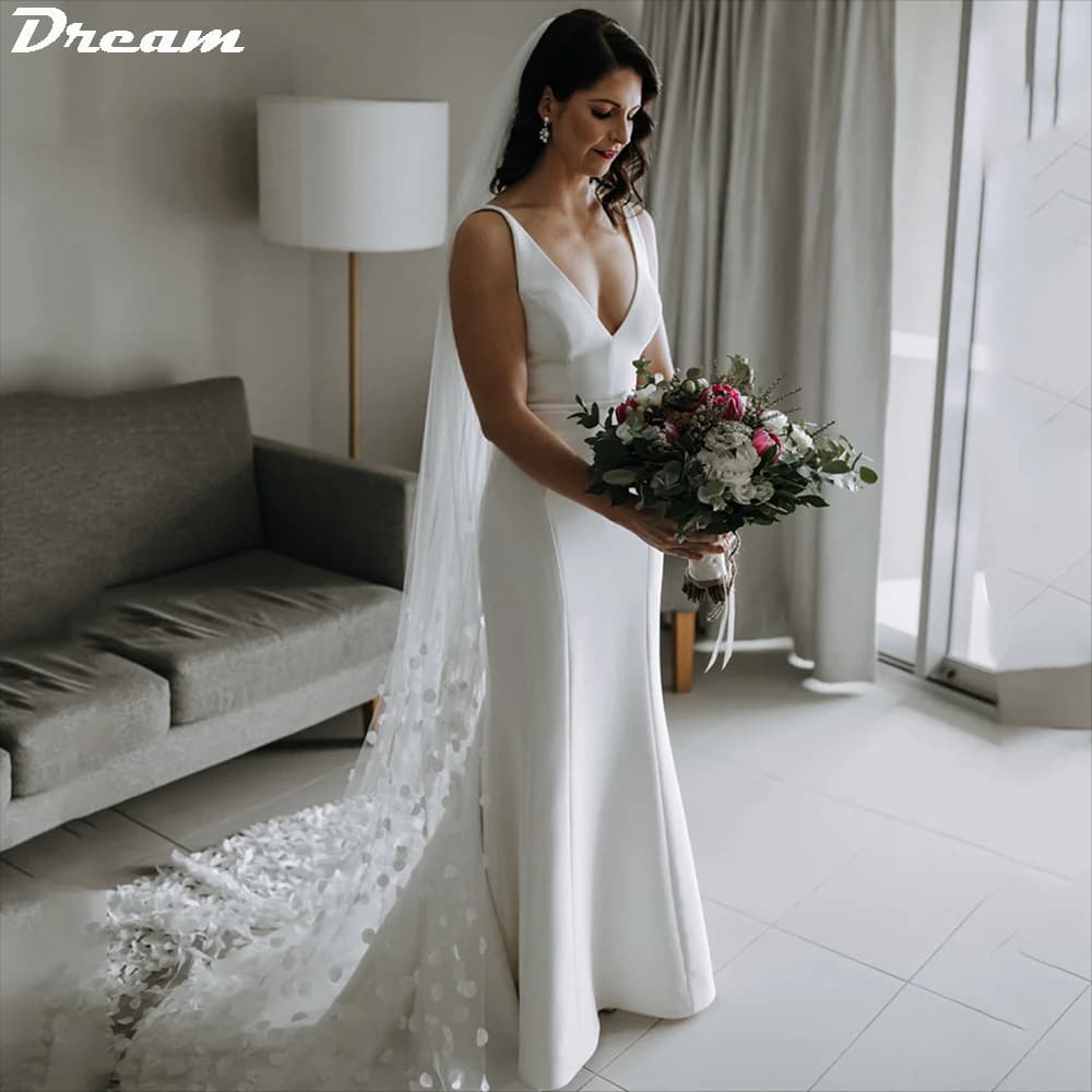 DREAM Customized V Neck Elegant Sleeveless Crepe Wedding Dresses Backless Buttons Bride Dresses Simple Mermaid Wedding Gown 2025