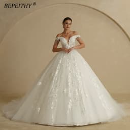 BEPEITHY Customized Off Shoulder Sleeveless Flore Princess Wedding Gown 2026 For Women Plus Size V Neck Lace Bridal Dresses