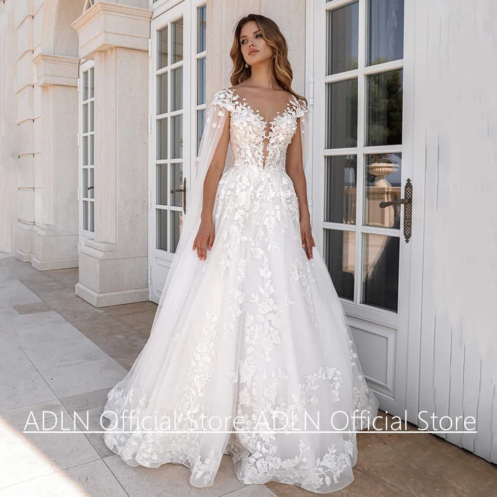 New Wedding Dress with Sleeve Cape Customized Cap Sleeve Scoop Neck A Line Lace Bridal Gown Sweep Train Glitter Bride Dresses