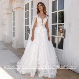 New Wedding Dress with Sleeve Cape Customized Cap Sleeve Scoop Neck A Line Lace Bridal Gown Sweep Train Glitter Bride Dresses