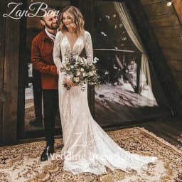 ZanBan Customized Long Sleeves Floral Lace V Neck Boho Wedding Dress Deep V Neck Open Back Modest Rustic Civil Bridal Gown 2025