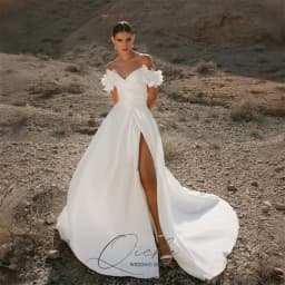 QICHE Modern Satin A-Line Wedding Dresses Women Flowers Off The Shoulder High Side Slit Open Back Vestidos De Noiva Customized