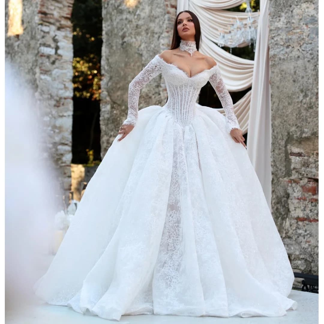 Luxury Lace Pleated Wedding Dresses Exquisite Long Sleeve Vestido de Novia Bustier Corset Eveing Dress Vestidos Customized