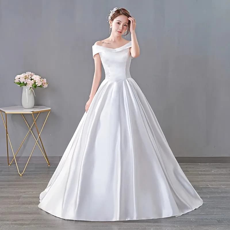 It's Yiiya Wedding Dresses White Satin Simple Off the Shoulder Pleat Lace up Princess Floor-length Plus size Ball Gowns XN057