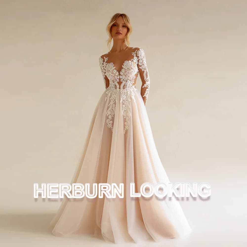 HERBURN Bohemian Long Sleeve Wedding Dress Women A Line See Through Lace Appliqued Beach Bridal Dress Wedding Gowns Customized