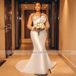 Customized Luxury Wedding Dress for Women Ivory Satin Pearls Beaded Wedding Gowns Mermaid Long Sleeves O Neck Civil Bridal Dress