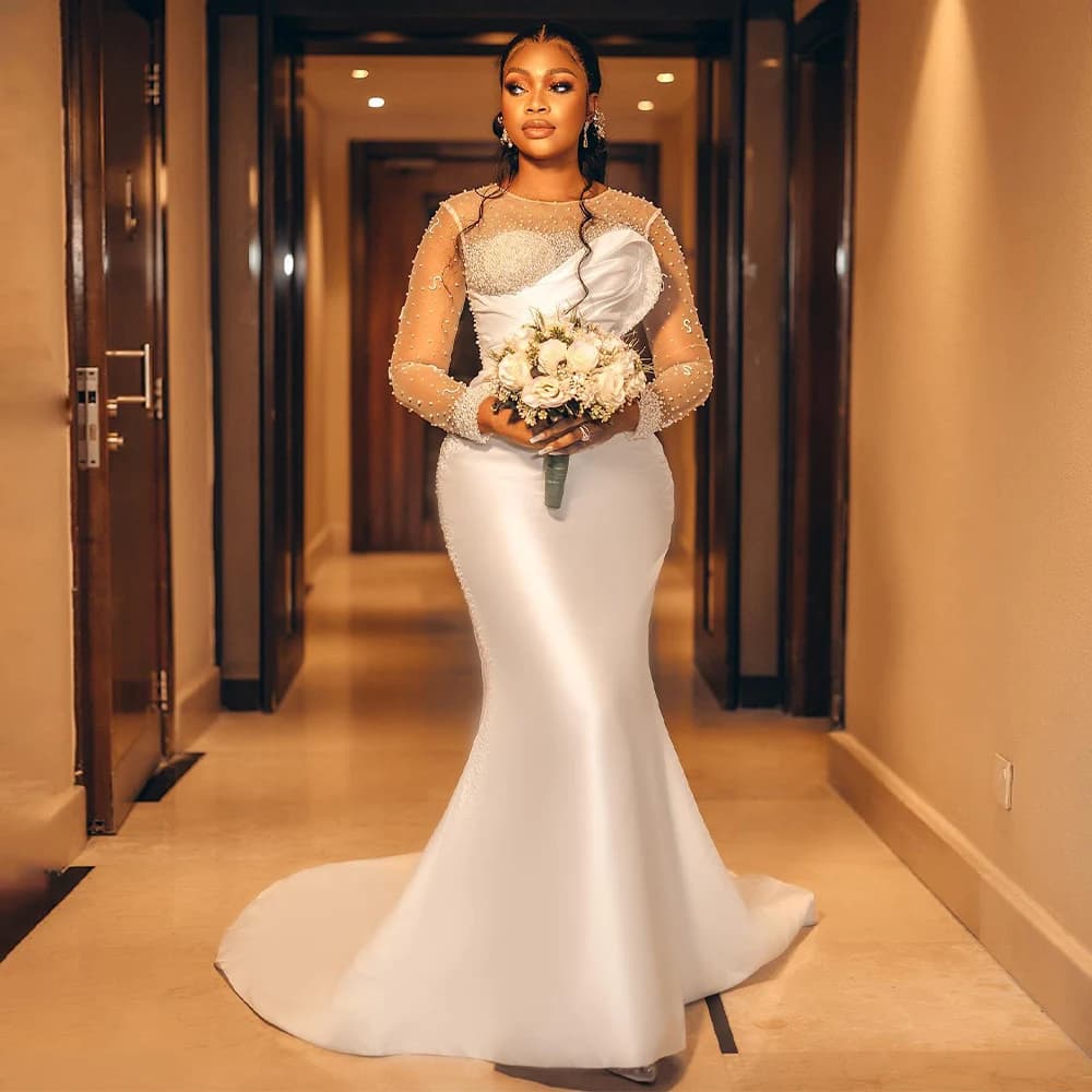 Customized Luxury Wedding Dress for Women Ivory Satin Pearls Beaded Wedding Gowns Mermaid Long Sleeves O Neck Civil Bridal Dress